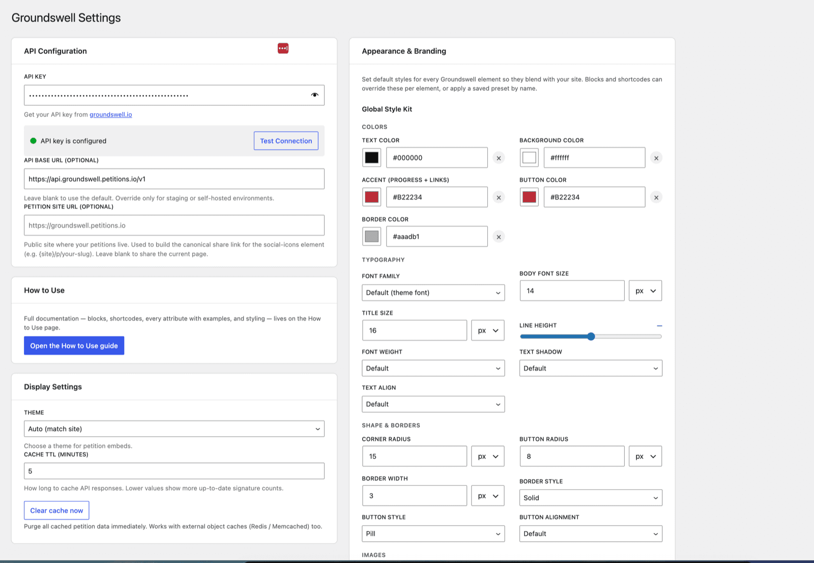 ActRight settings page in the WordPress admin with the API key field and Test Connection button